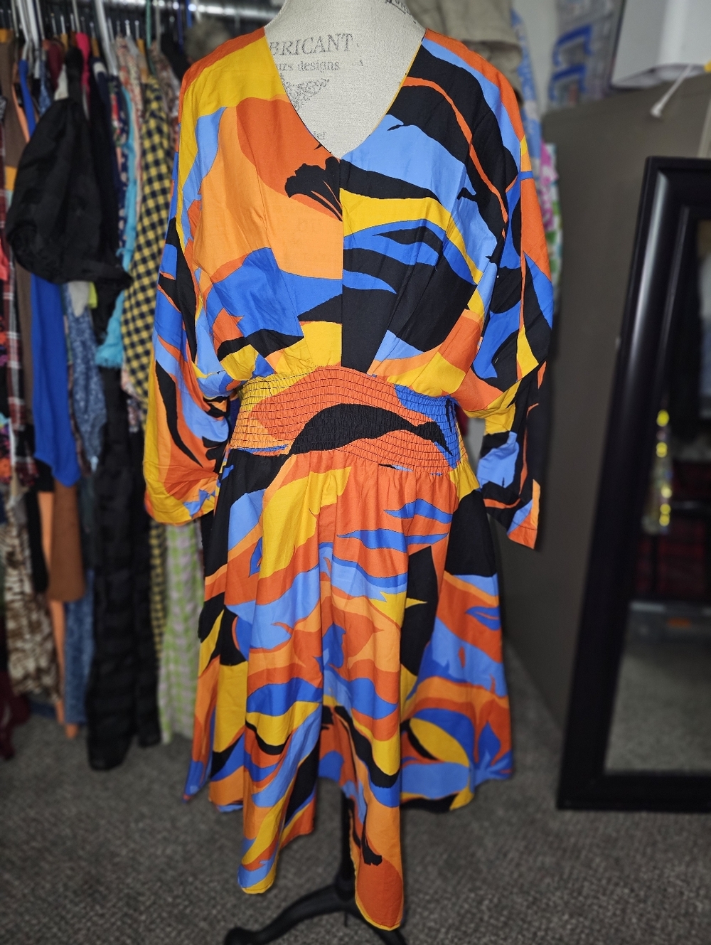 Ashro Multicolor Abstract Print Dress in Blue, Orange & Black